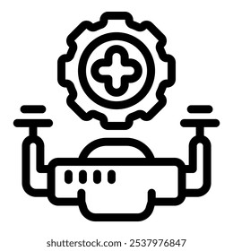 Icono de Vector de línea de un dron con un engranaje y un signo más, que representa una operación exitosa o un resultado positivo