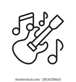 Line vector icon of an electric guitar surrounded by music notes for rock music and guitar lessons.