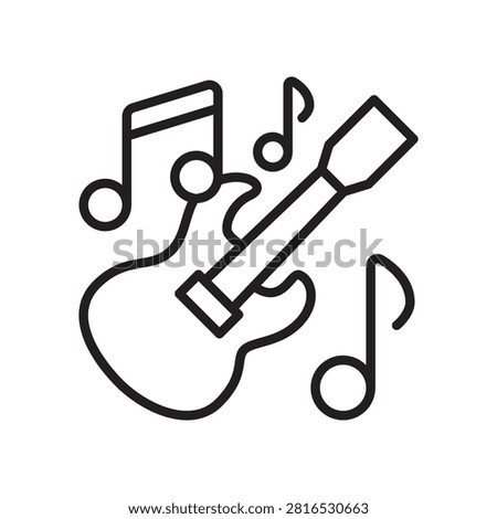 Line vector icon of an electric guitar surrounded by music notes for rock music and guitar lessons.