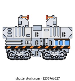 Line vector icon elements aerospace program tractor platform for rocket launch. Cartoon retro style, scientific research. Spaceship technology illustration. Cosmodrome start preparation. Clipart logo