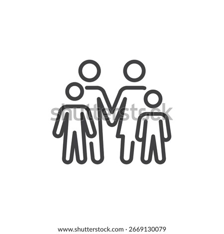Line vector icon of a family with two adults and children. Simple outline symbol for family, household, parenting. Clean icon for web, apps, and infographics.