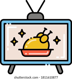 Line vector icon of food network. Illustration of a roasted turkey on retro television screen.