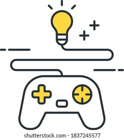 Icono de vector de línea del concepto de juego. Ilustración de una bombilla conectada a un gamepad.