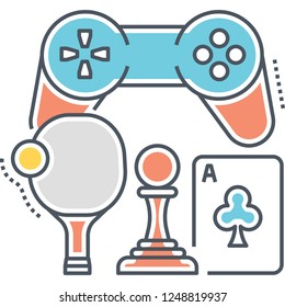 Line vector icon of games room concept with joystick, table tennis, chess, card illustration