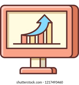Line vector icon of growth chart on computer screen illustration, search engine optimization seo performance concept