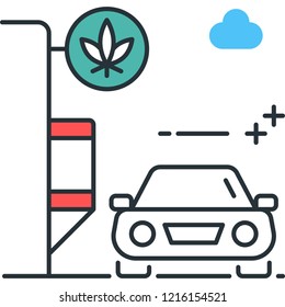 Line vector icon illustration of a car at marijuana drive through lane