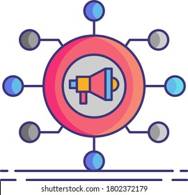 Icono de vector de línea de marketing a través de canales. Estrategia empresarial. Concepto de agencia de medios sociales.