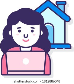 Line vector icon illustration of a freelancer woman with laptop working from home
