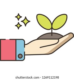 Line vector icon illustration of hand holding a seedling, replant concept