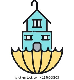 Line vector icon illustration of a house on upside down umbrella, flood insurance concept