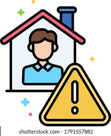 Line vector icon illustration of a male inside the house and warning sign. Mandatory isolation concept.