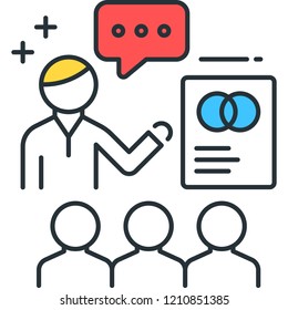 Line vector icon illustration of people doing presentation to audience