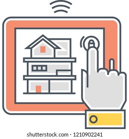 Line vector icon illustration of a person touching screen to control smart house