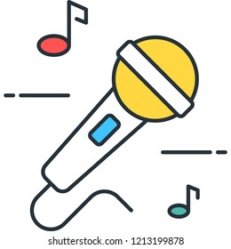 Line vector icon of karaoke microphone surrounding by musical notes illustration