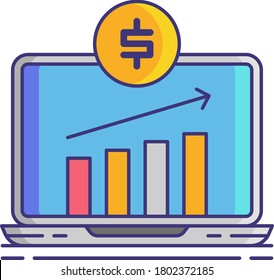 Line vector icon of paid traffic. Illustration of ascending bar graph with money sign on laptop screen. Social media agency concept.