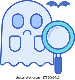 Line Vector Icon Of Paranormal Investigator. Illustration Of A Ghost And Magnifying Glass.