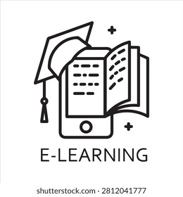 Line vector icon with a picture of e-learning as square academic cap book monitor.