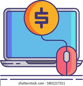 Line Vector Icon Of PPC Pay Per Click. Illustration Of Mouse Connect To Money Symbol On Laptop Screen. Social Media Agency Concept.