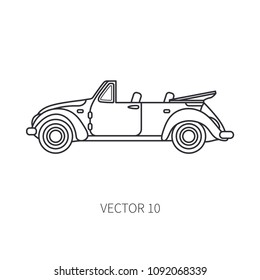 Line vector icon retro tourism cabriolet auto. Classic 1950s style. Nostalgia subcompact antique automobile. Summer travel vacation. Vintage cartoon car. Highway. Rent gig car. Illustration for design