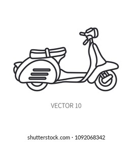 Line vector icon retro tourism scooter. Classic 1950s style. Nostalgia subcompact antique motorcycle. Summer travel vacation. Vintage cartoon bike. Highway trip ride. Camping. Illustration for design.