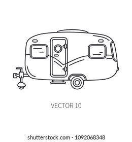 Line vector icon retro tourism auto trailer. Classic 1950s style. Nostalgia antique automobile family camping. Summer travel vacation. Vintage cartoon car. Highway ride. Van. Illustration for design.