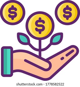 Line vector icon of ROI return on investment. Illustration of hand holding growing money plant. Crowdfunding concept.