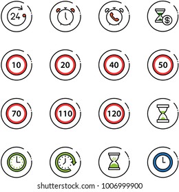 line vector icon set - 24 hours vector, alarm clock, phone, account history, speed limit 10 road sign, 20, 40, 50, 70, 110, 120, sand, time, around