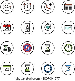 line vector icon set - 24 hours vector, alarm clock, phone, schedule, 25 dec calendar, christmas mobile, stopwatch heart, account history, no parking even road sign, sand, time