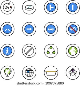 line vector icon set - 24 hours vector, pill, only forward right road sign, detour, bus, end minimal speed limit, pedestrian way, no, social, globe, basin, ufo toy