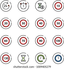 line vector icon set - 24 hours vector, alarm clock, account history, speed limit 10 road sign, 20, 30, 40, 50, 60, 70, 90, 100, 130, sand, around
