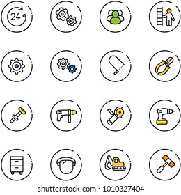line vector icon set - 24 hours vector, gears, group, opportunity, gear, fretsaw, side cutters, nail dowel, drill machine, Angular grinder, tool cabinet, protect glass, excavator toy, hammer