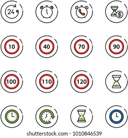 line vector icon set - 24 hours vector, alarm clock, phone, account history, speed limit 10 road sign, 40, 70, 90, 100, 110, 120, sand, time, around