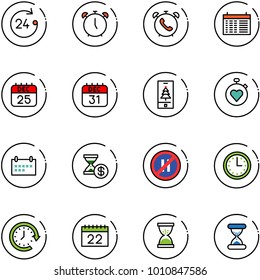 line vector icon set - 24 hours vector, alarm clock, phone, schedule, 25 dec calendar, 31, christmas mobile, stopwatch heart, account history, no parking even road sign, time, around, sand