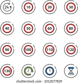 line vector icon set - 24 hours vector, speed limit 10 road sign, 20, 30, 40, 50, 60, 80, 90, 100, 110, 120, 130, clock around, sand