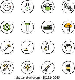 line vector icon set - 24 hours vector, money bag, group, gears, gear, work, brick wall, cloud ladder, hammer, hoe, winch, protect glass, wrench, gun sealant, allen key set