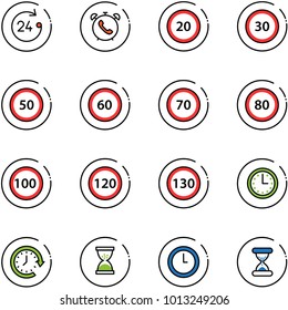 line vector icon set - 24 hours vector, phone alarm, speed limit 20 road sign, 30, 50, 60, 70, 80, 100, 120, 130, time, clock around, sand