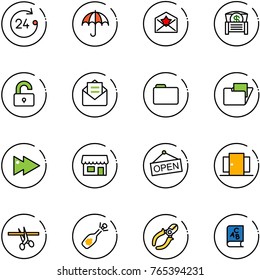 line vector icon set - 24 hours vector, insurance, star letter, money chest, unlocked, opened mail, folder, fast forward, store, open, doors, opening, fizz, side cutters, abc book