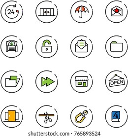 line vector icon set - 24 hours vector, automatic doors, insurance, star letter, money chest, unlocked, opened mail, folder, fast forward, store, open, opening, side cutters, abc book