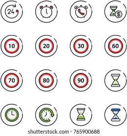 line vector icon set - 24 hours vector, alarm clock, phone, account history, speed limit 10 road sign, 20, 30, 60, 70, 80, 90, sand, time, around