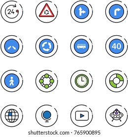 line vector icon set - 24 hours vector, round motion road sign, only forward right, detour, circle, bus, minimal speed limit, pedestrian way, friends, time, chart, globe, playback, ufo toy