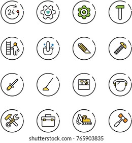 line vector icon set - 24 hours vector, heart gear, work, opportunity, casting of steel, knife, screw, clinch, hoe, tool box, protect glass, wrench hammer, excavator toy