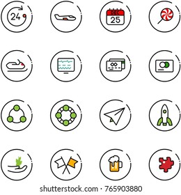 line vector icon set - 24 hours vector, small plane, 25 dec calendar, lollipop, snowmobile, diagnostic monitor, credit card, social, friends, paper, rocket, hand sproute, flags cross, beer, puzzle