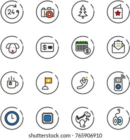 line vector icon set - 24 hours vector, camera, christmas tree, star postcard, dog, credit card, calendar, opened mail, hot tea, flag, flying man, music player, clock, cpu, dinosaur toy, yoyo