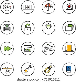 line vector icon set - 24 hours vector, automatic doors, insurance, star letter, money chest, unlocked, opened mail, folder, fast forward, store, open, opening, fizz, side cutters, abc book