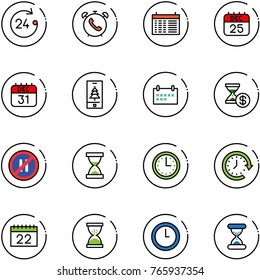 line vector icon set - 24 hours vector, phone alarm, schedule, 25 dec calendar, 31, christmas mobile, account history, no parking even road sign, sand clock, time, around