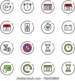 line vector icon set - 24 hours vector, alarm clock, schedule, 25 dec calendar, 31, christmas mobile, stopwatch heart, account history, no parking even road sign, sand, time, wallet, around