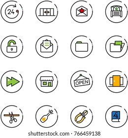 line vector icon set - 24 hours vector, automatic doors, star letter, money chest, unlocked, opened mail, folder, fast forward, store, open, opening, fizz, side cutters, abc book