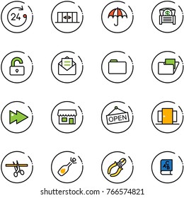 line vector icon set - 24 hours vector, automatic doors, insurance, money chest, unlocked, opened mail, folder, fast forward, store, open, opening, fizz, side cutters, abc book