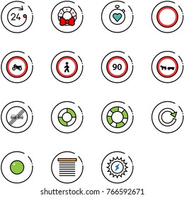 line vector icon set - 24 hours vector, christmas wreath, stopwatch heart, prohibition road sign, no moto, pedestrian, speed limit 90, cart horse, end overtake, lifebuoy, reload, record, jalousie