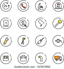 line vector icon set - 24 hours vector, phone, baby room, officer window, mobile payment, money click, fretsaw, rubber hammer, wrench, plumber, screwdriver, jack, tool box, allen key, truck toy